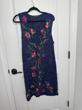 Peruvian Connection Navy Floral Knit Sleeveless alpaca cotton Cardigan Vest